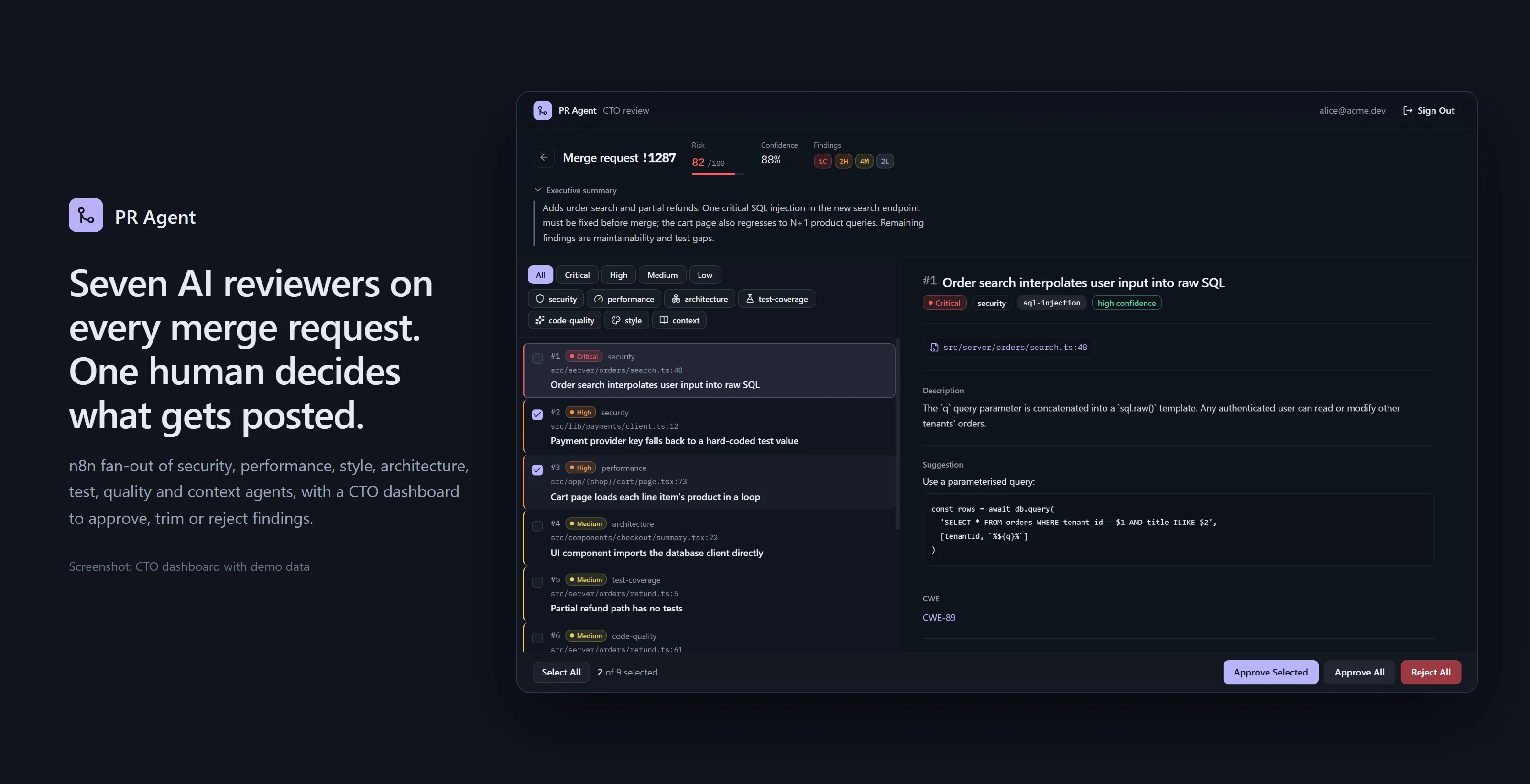 PR Agent: CTO dashboard reviewing a merge request (demo data)