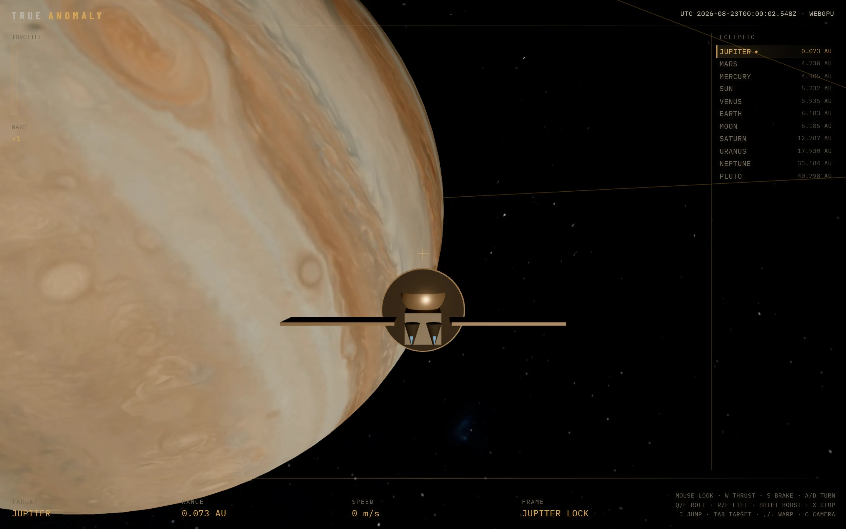 True Anomaly: chase view of the probe 0.07 AU from Jupiter, with the Great Red Spot and the live HUD