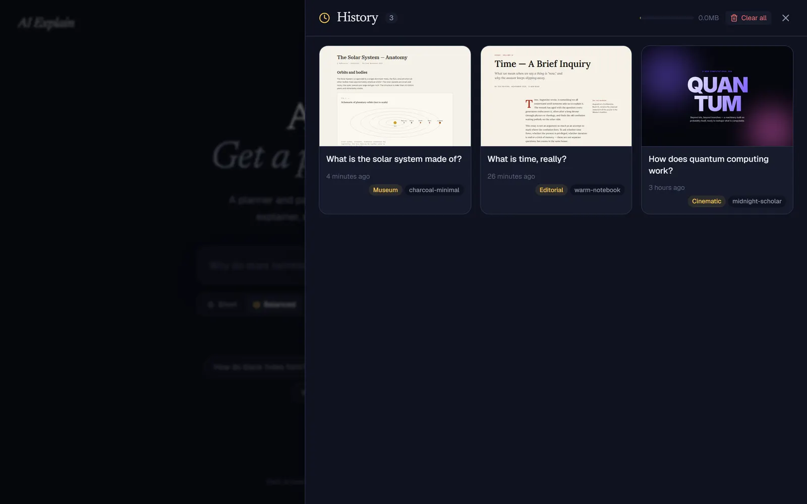 History drawer with thumbnails of saved canvases