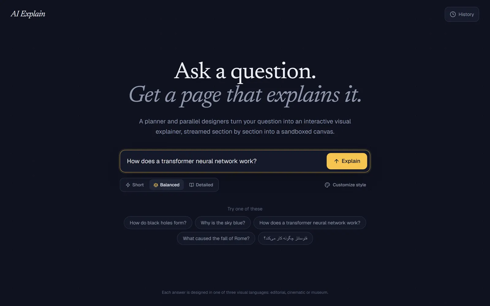 Landing page with question input, detail level and example questions