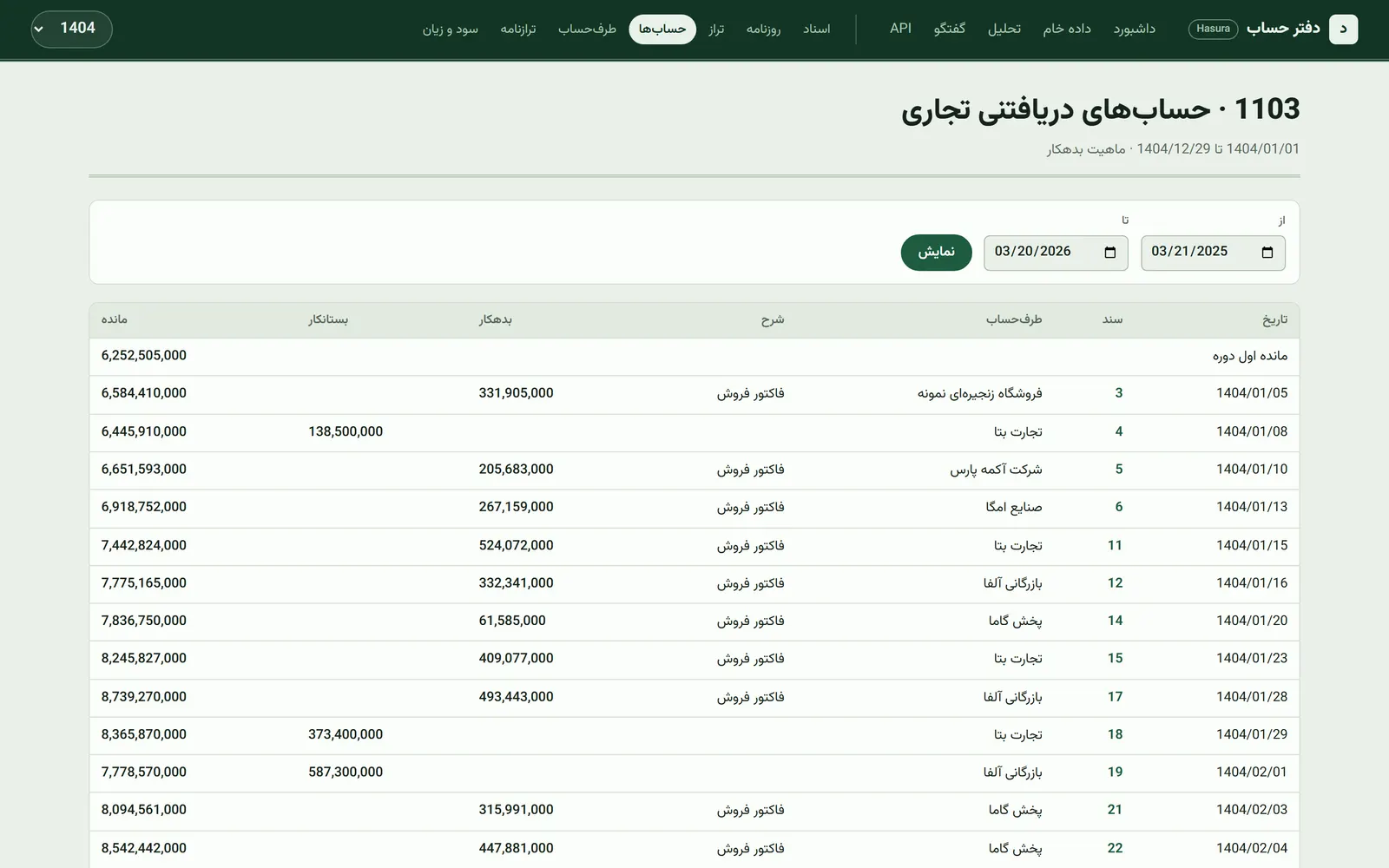 Account ledger with running balance (demo data)