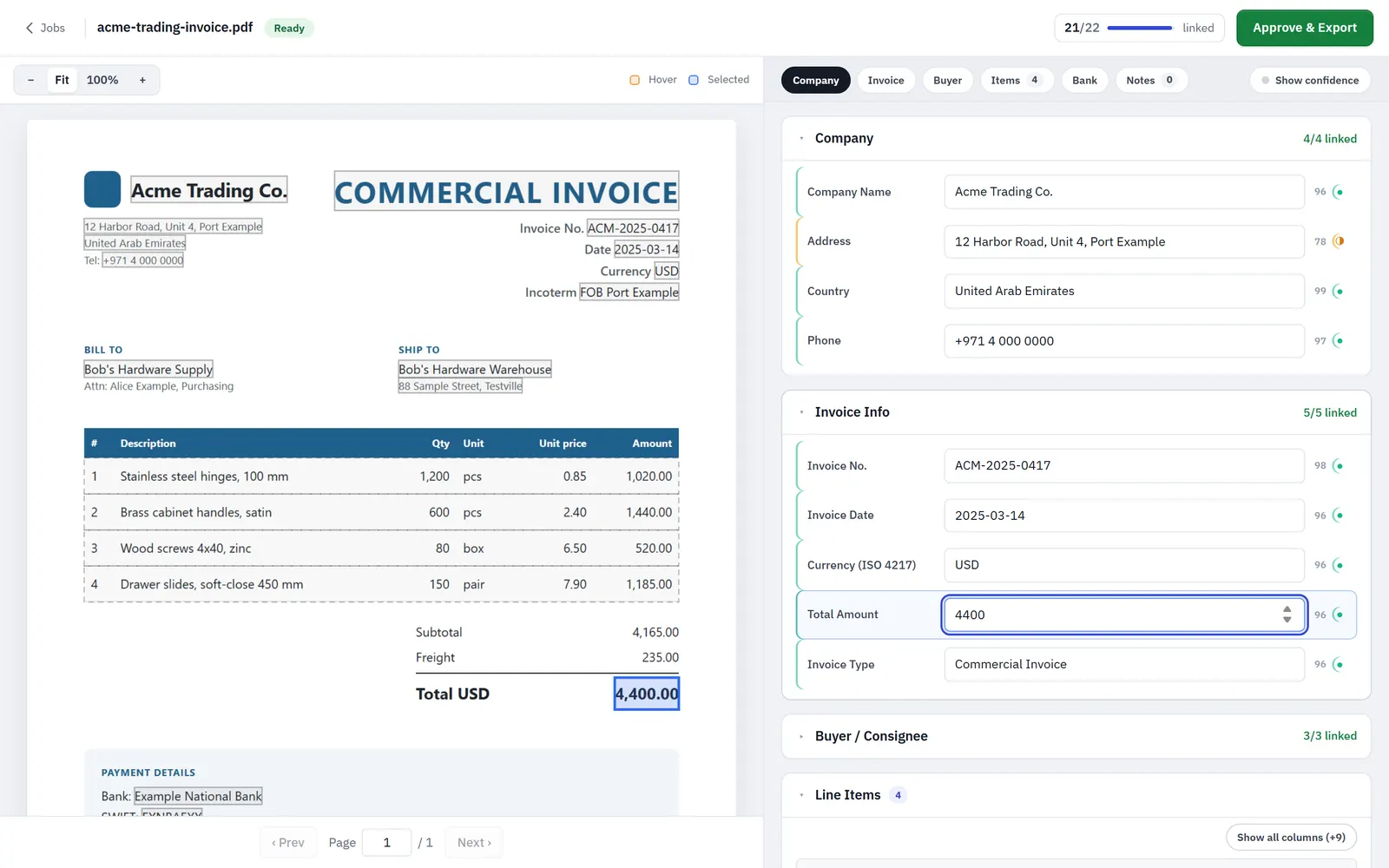 Review: invoice fields linked to boxes