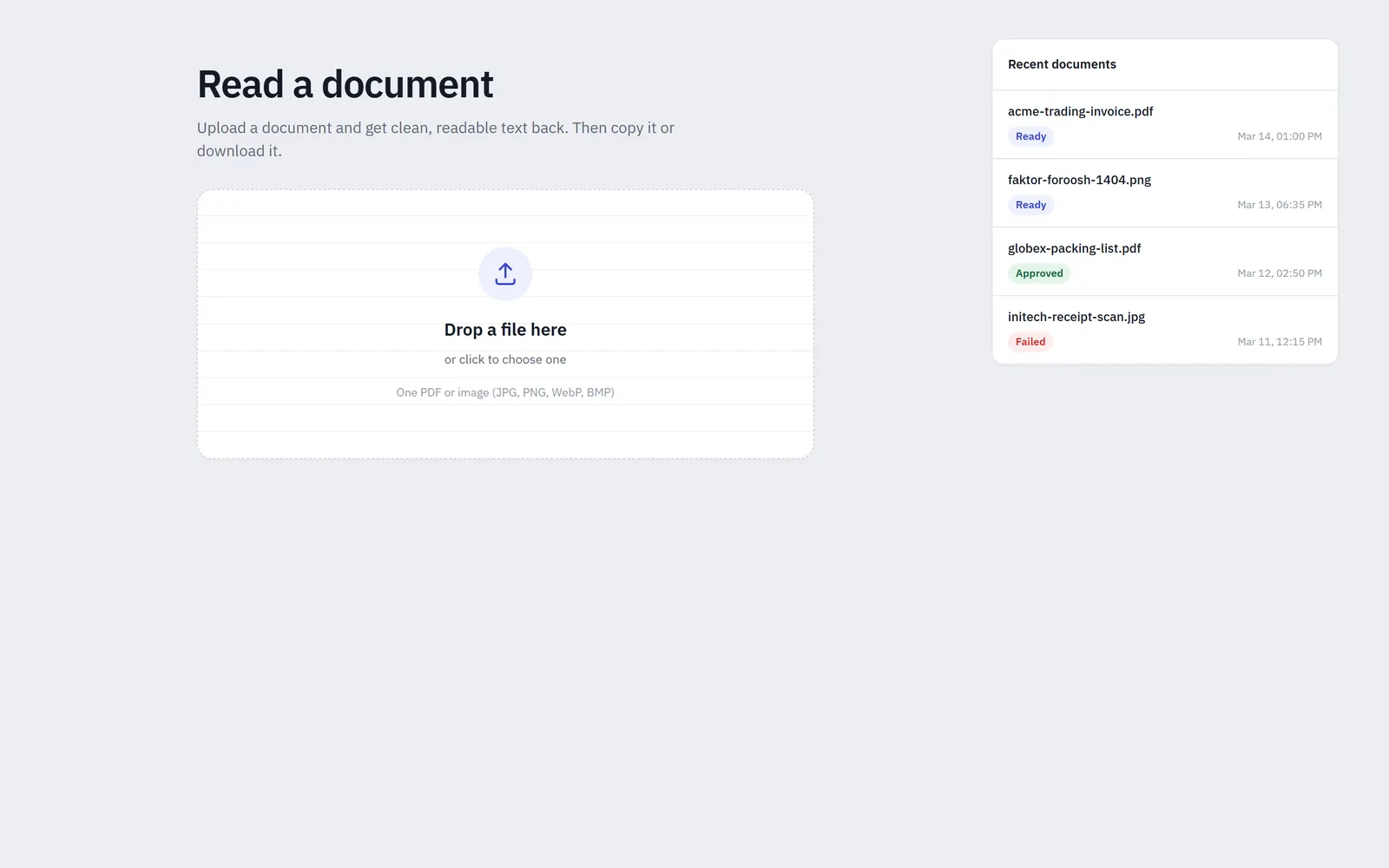 Upload page with recent documents