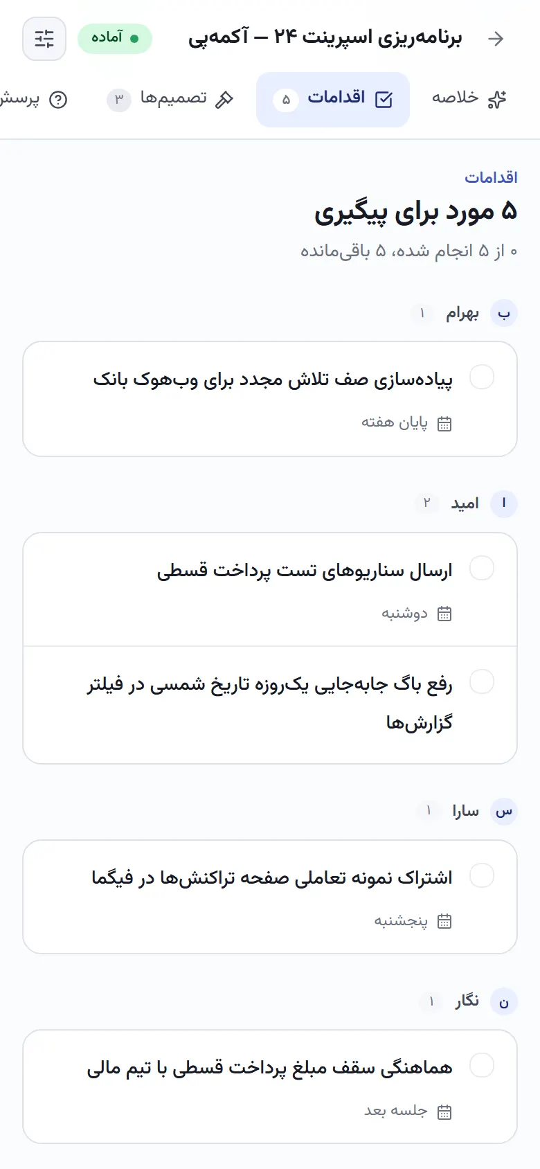 Action items on a phone, grouped by owner (demo data)