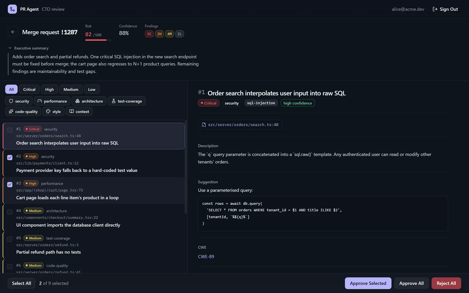 Critical finding with suggested fix