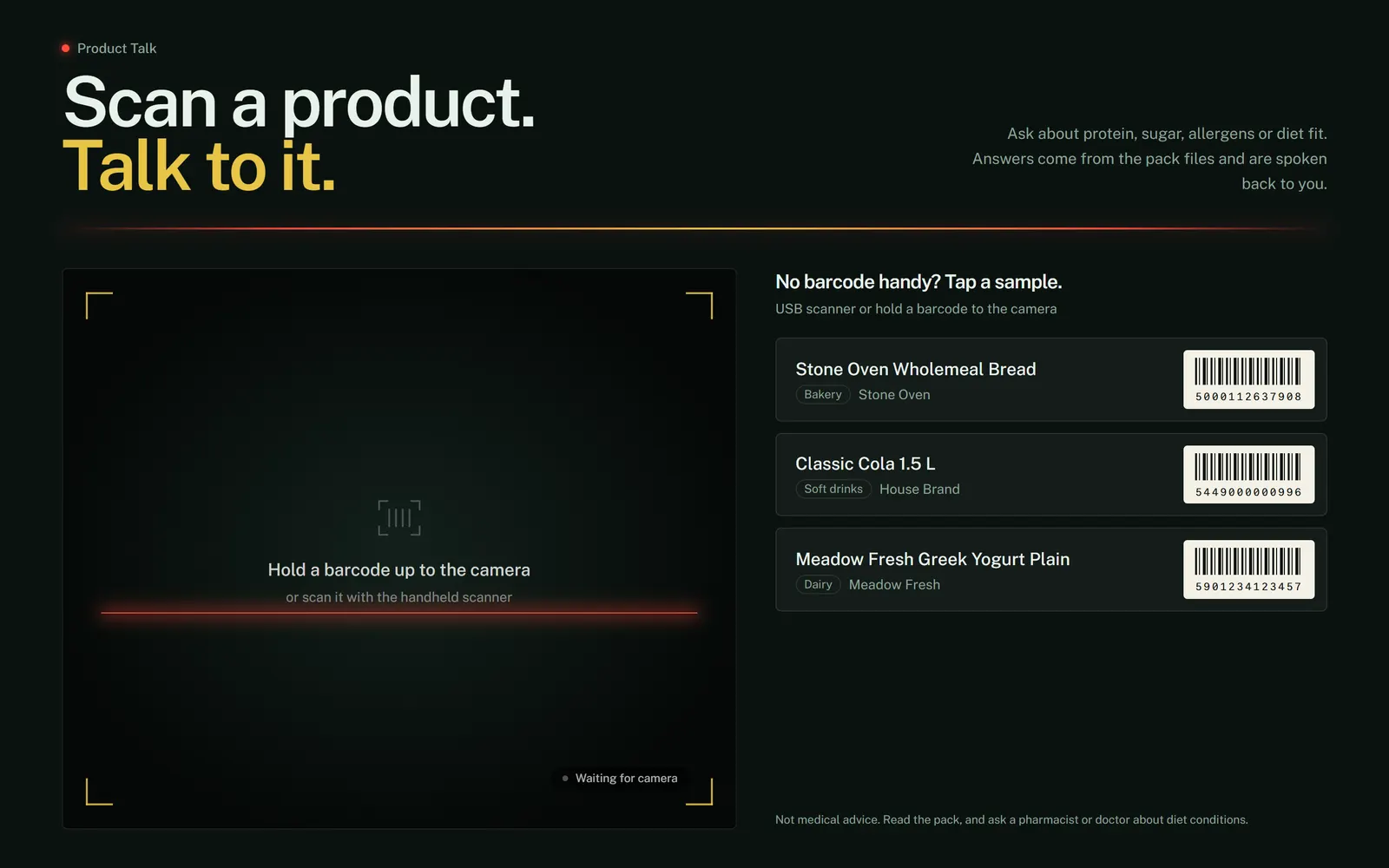 Attract screen with camera viewfinder and sample products