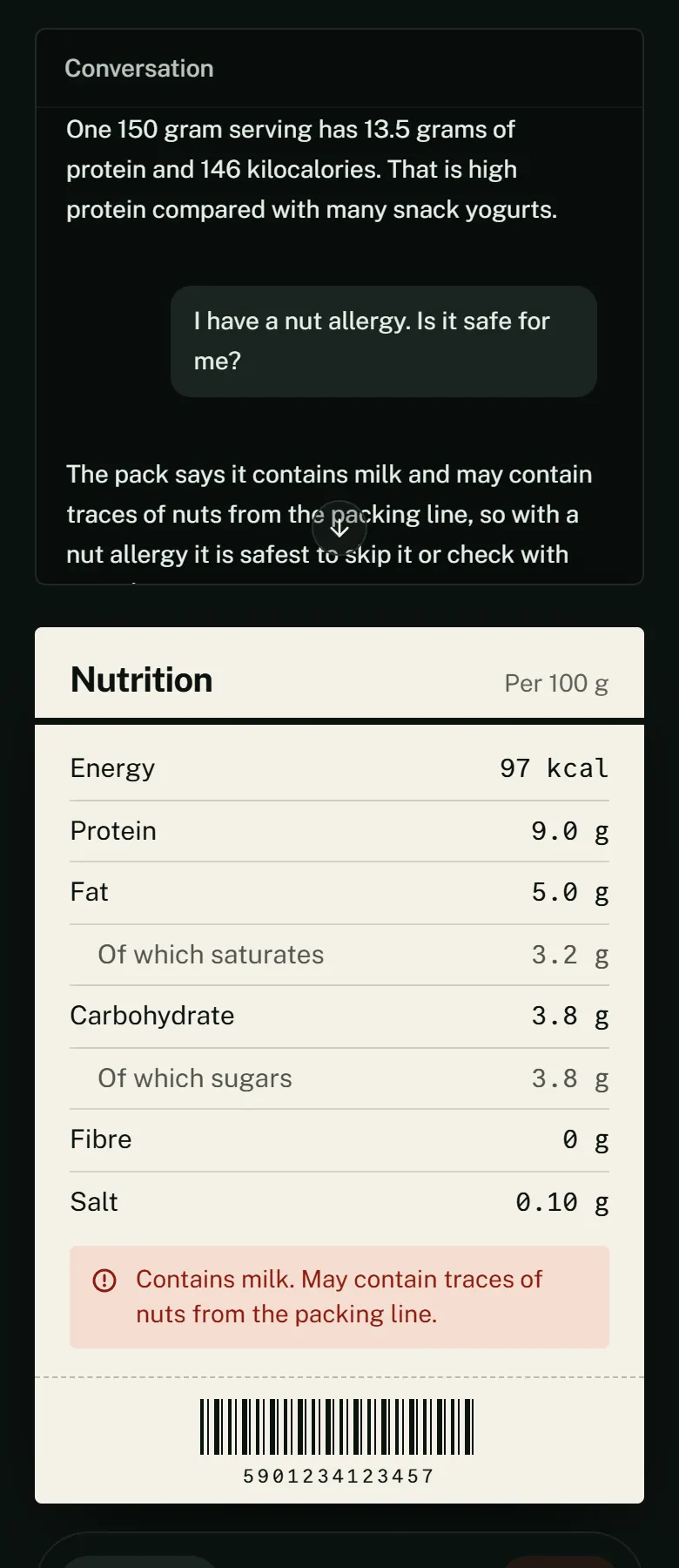 Talk view at 390 px scrolled to the conversation and nutrition ticket