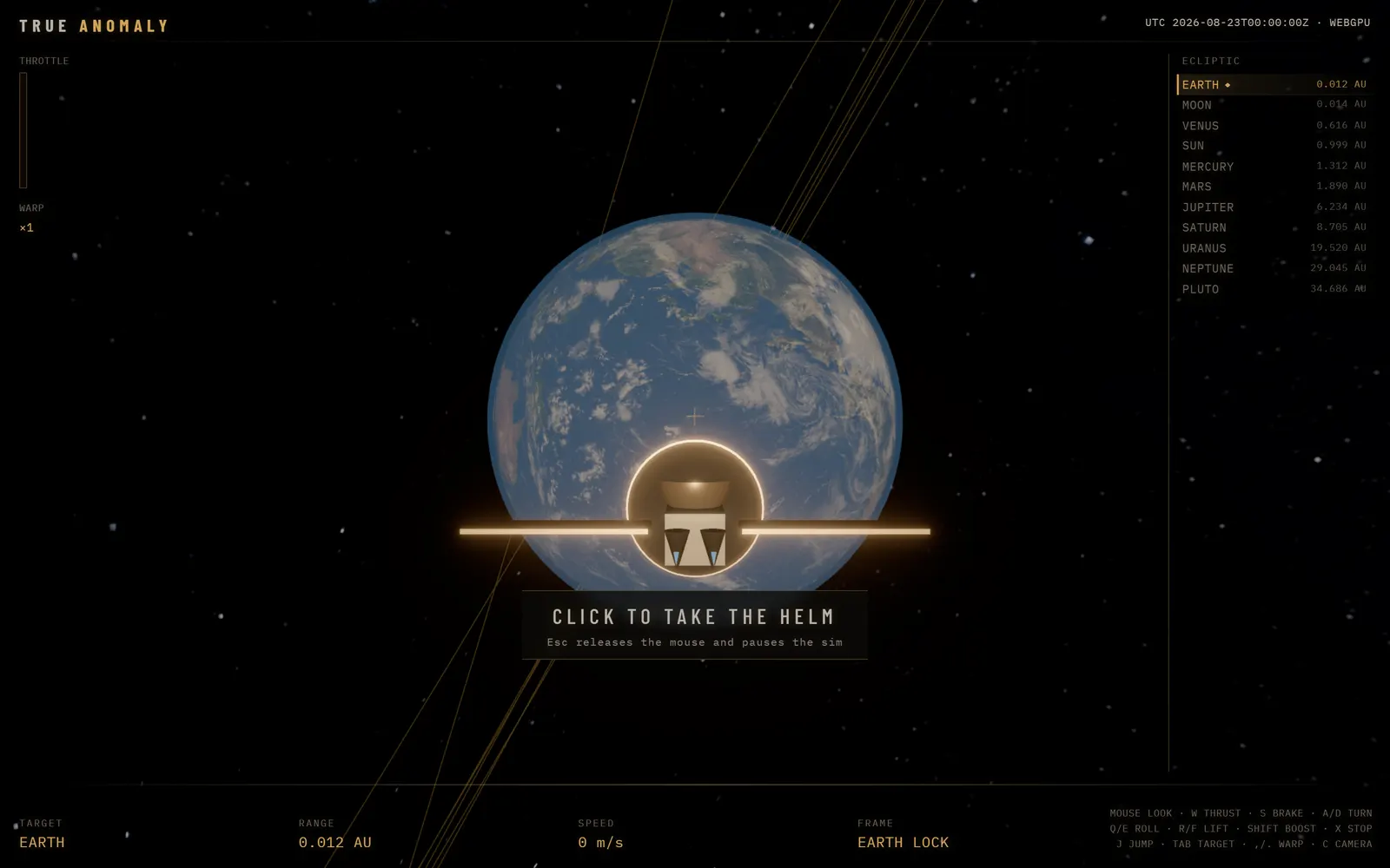 Start screen near Earth with the HUD and the "click to take the helm" prompt