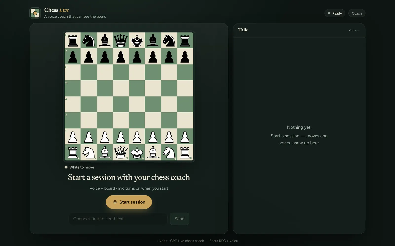 Start screen with board and session button